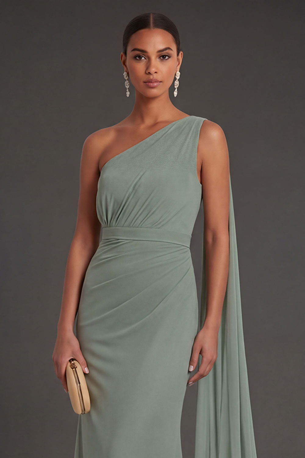 Dusty Sage Sheath One Shoulder Ruched Long Formal Dress with Cape