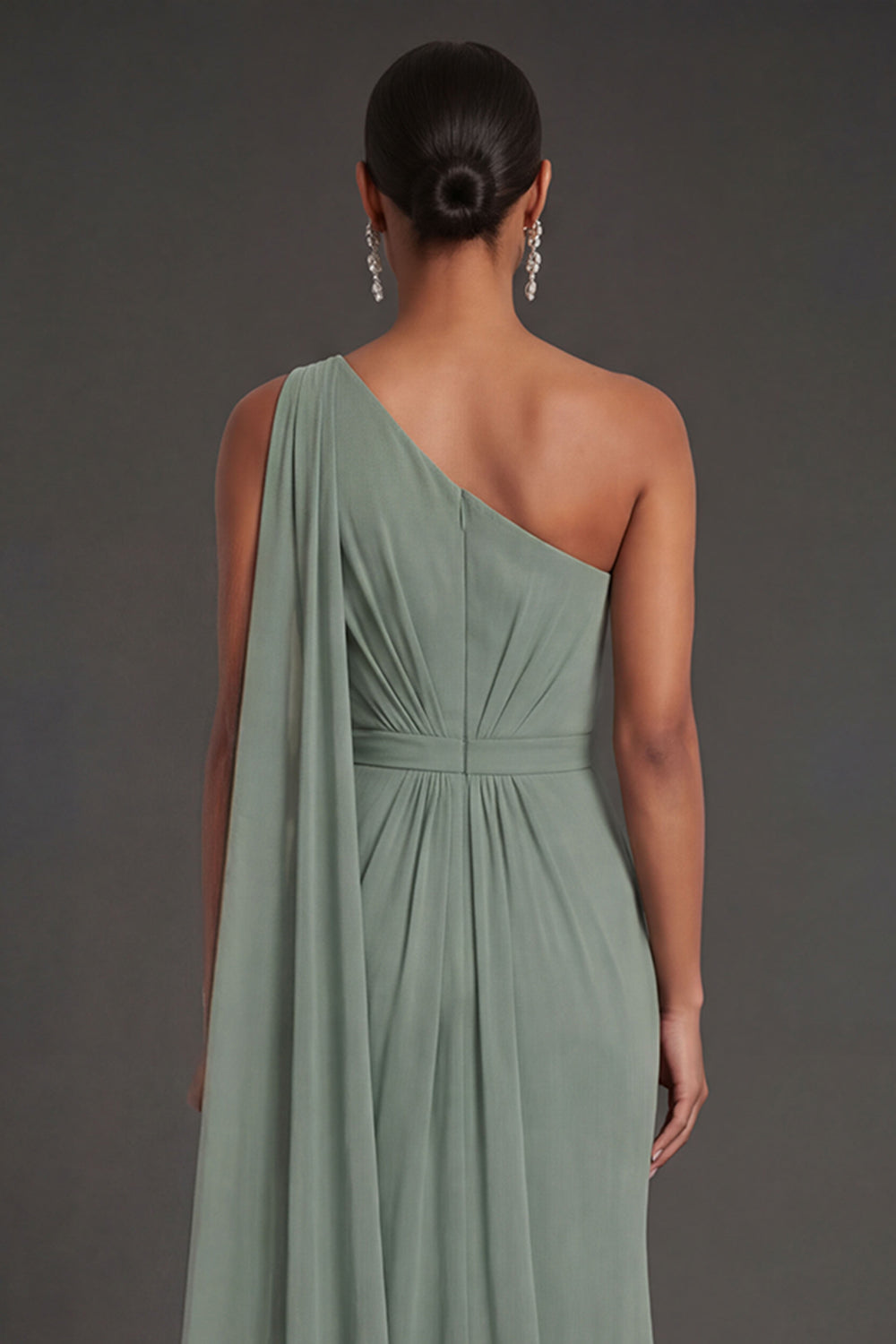 Dusty Sage Sheath One Shoulder Ruched Long Formal Dress with Cape