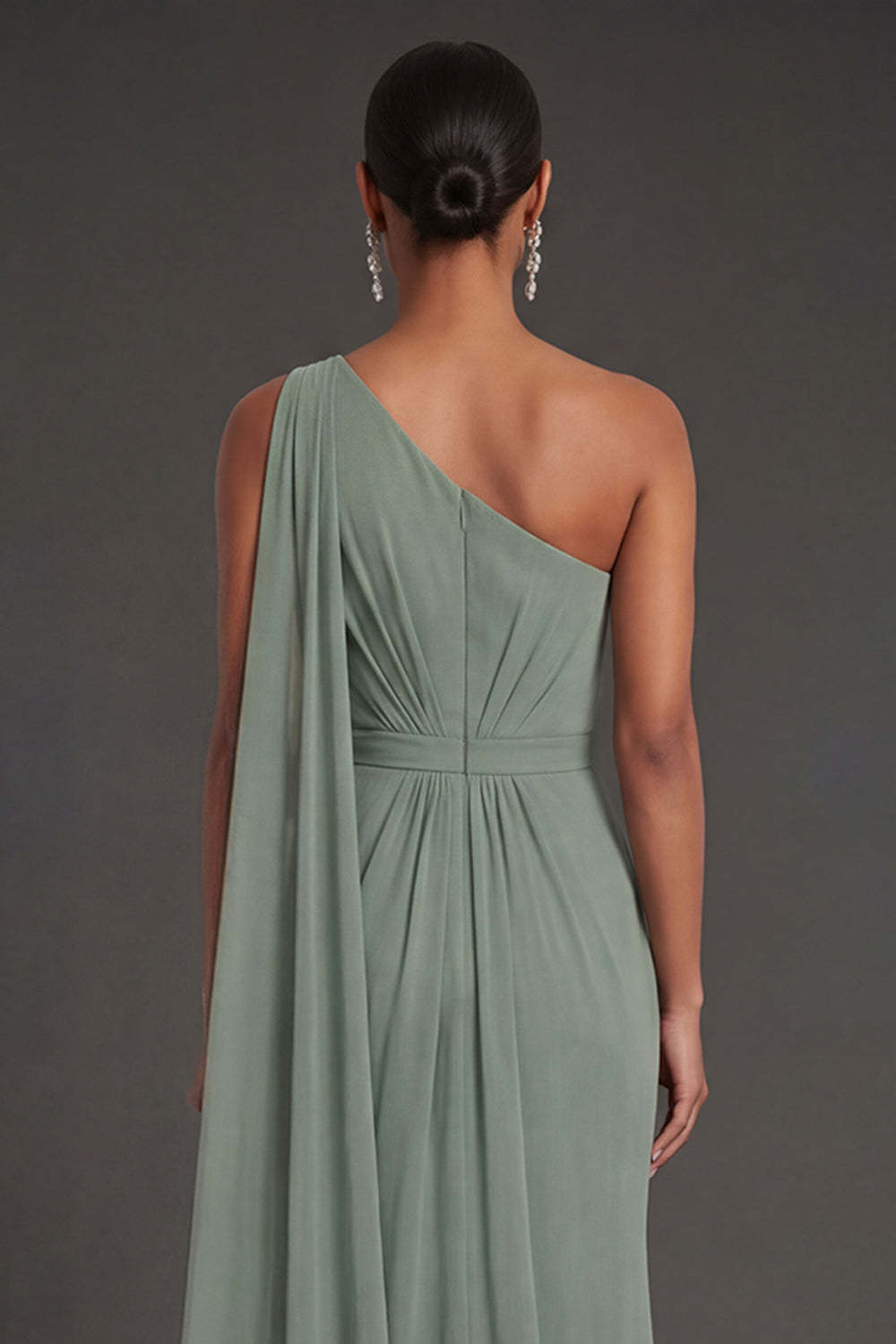 Dusty Sage Sheath One Shoulder Ruched Long Formal Dress with Cape