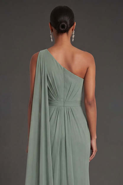 Dusty Sage Sheath One Shoulder Ruched Long Formal Dress with Cape