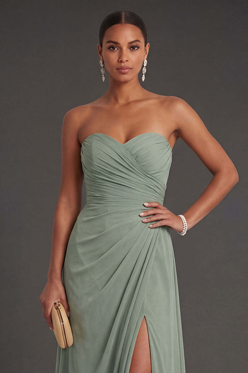 Dusty Sage Sheath Sweetheart Ruched Backless Long Formal Dress with Slit