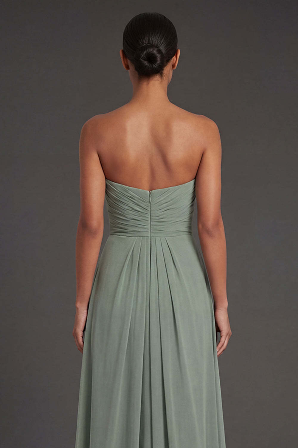Dusty Sage Sheath Sweetheart Ruched Backless Long Formal Dress with Slit