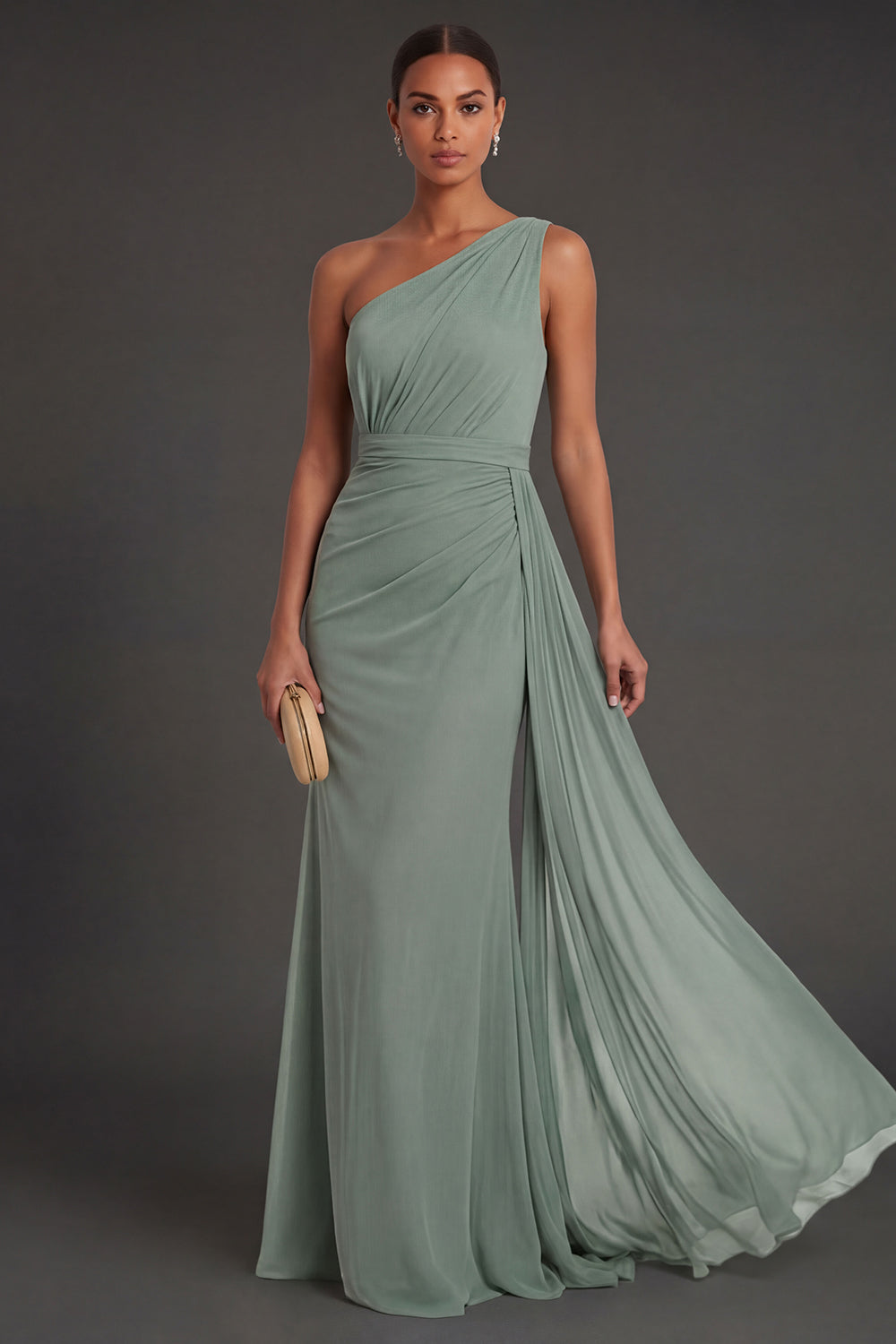 Dusty Sage Sheath One Shoulder Ruched Sleeveless Long Formal Dress