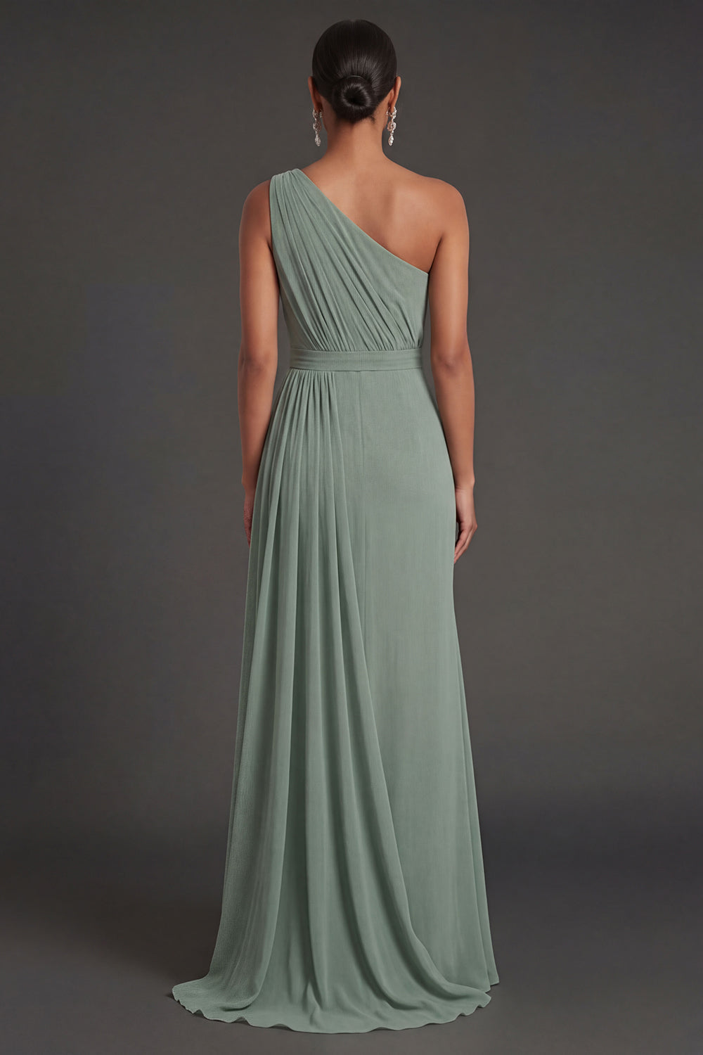 Dusty Sage Sheath One Shoulder Ruched Sleeveless Long Formal Dress