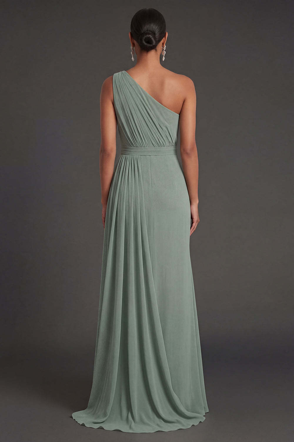 Dusty Sage Sheath One Shoulder Ruched Sleeveless Long Formal Dress
