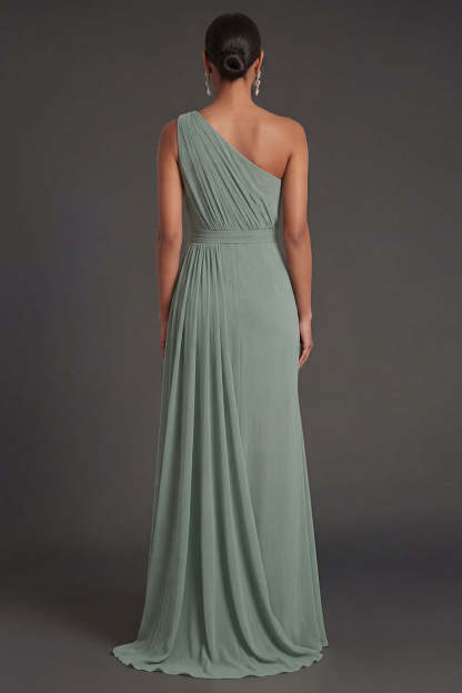 Dusty Sage Sheath One Shoulder Ruched Sleeveless Long Formal Dress