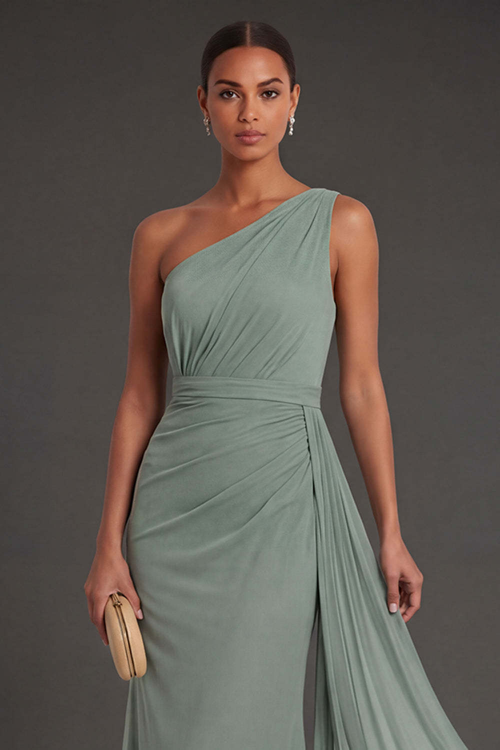 Dusty Sage Sheath One Shoulder Ruched Sleeveless Long Formal Dress