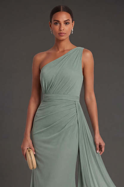 Dusty Sage Sheath One Shoulder Ruched Sleeveless Long Formal Dress