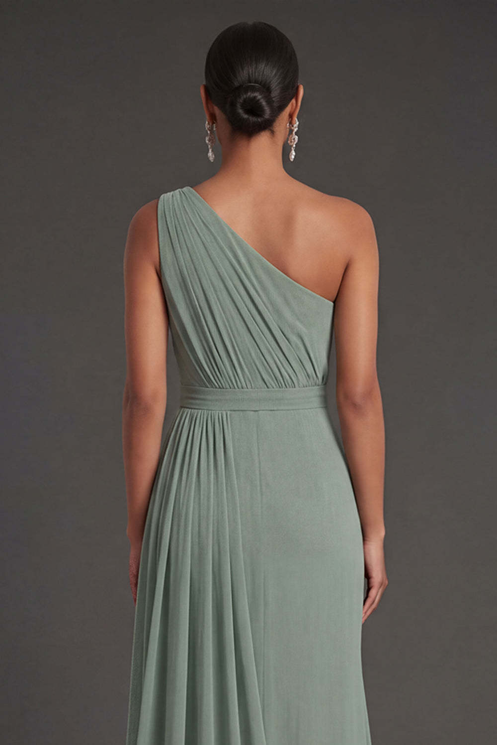 Dusty Sage Sheath One Shoulder Ruched Sleeveless Long Formal Dress