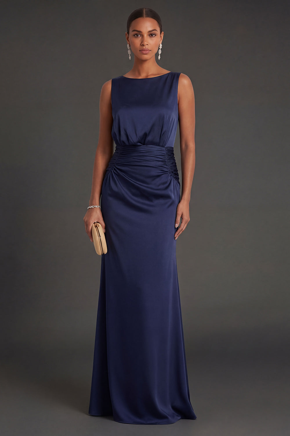 Leely Women Navy Mermaid Round Neck Long Formal Dress Sleeveless Backless Wedding Guest Dress