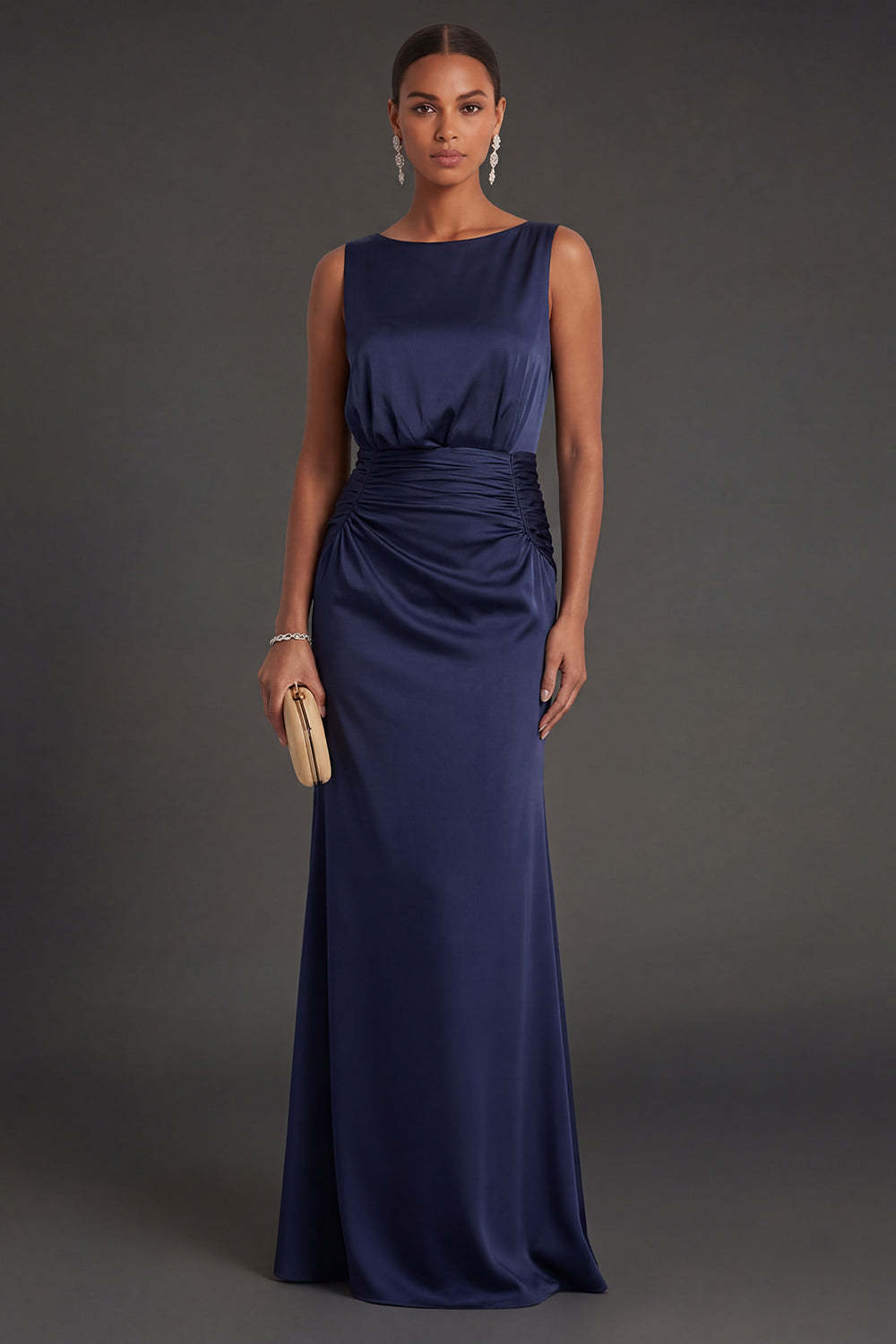 Leely Women Navy Mermaid Round Neck Long Formal Dress Sleeveless Backless Wedding Guest Dress