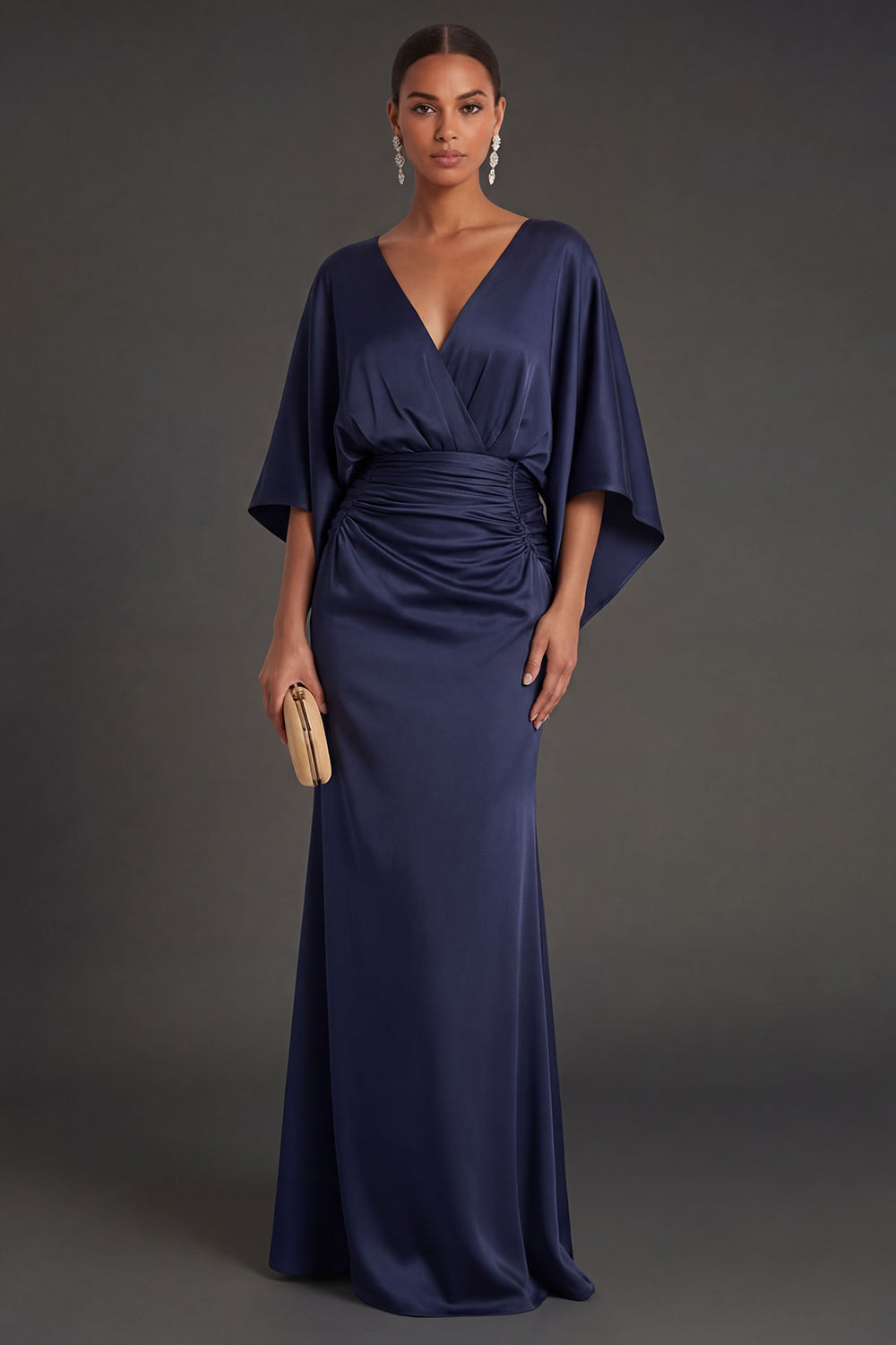 Navy Mermaid V Neck Flutter Sleeves Long Formal Dress