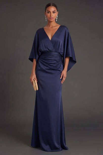 Leely Women Navy Mermaid V Neck Long Formal Dress Flutter Sleeves Ruched Wedding Guest Dress