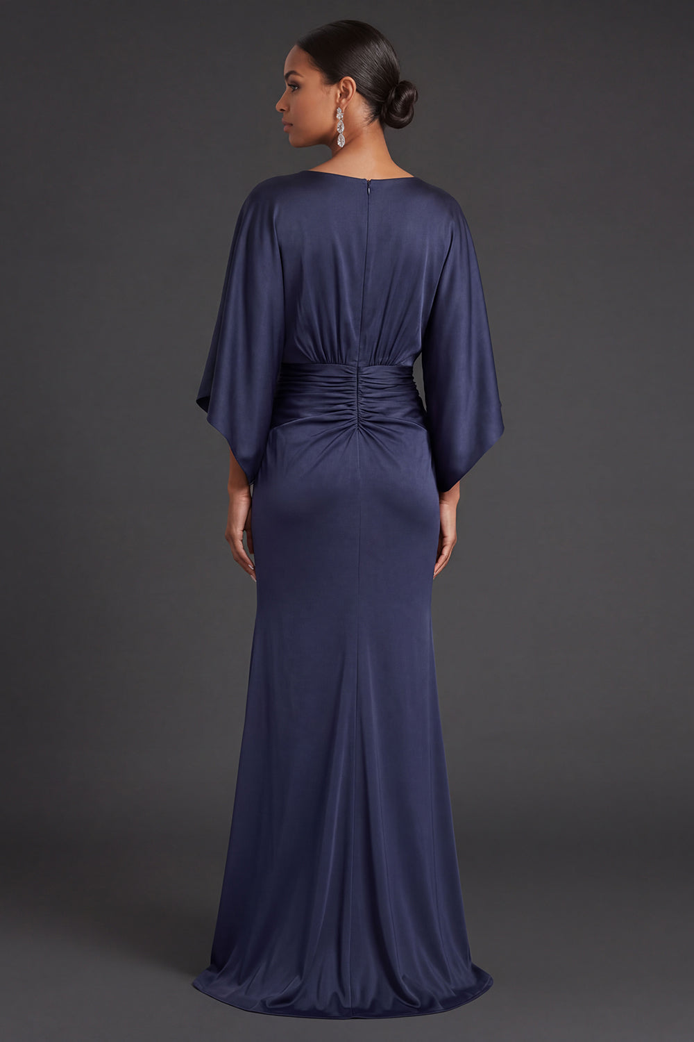 Navy Mermaid V Neck Flutter Sleeves Long Formal Dress