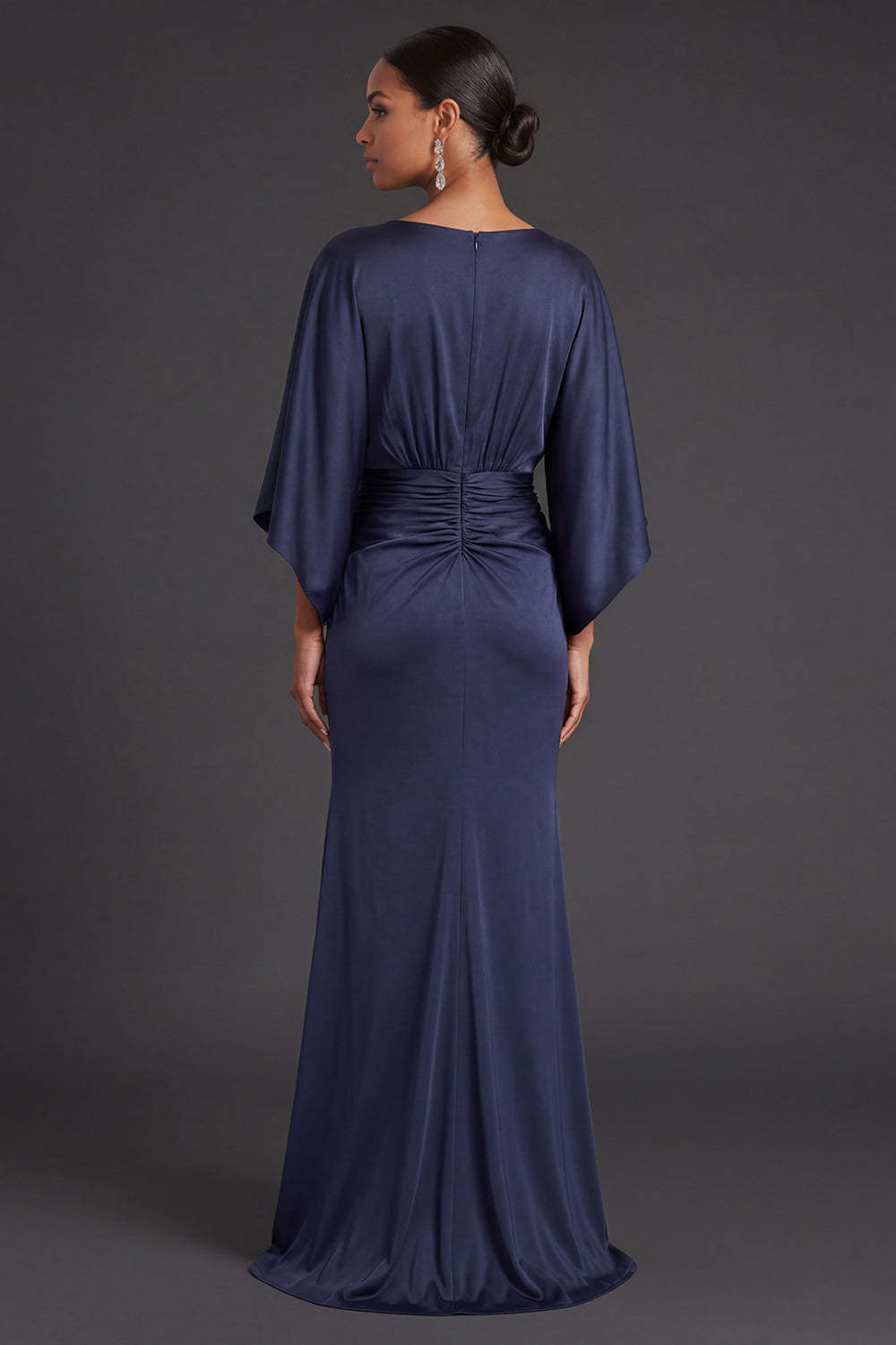 Navy Mermaid V Neck Flutter Sleeves Long Formal Dress