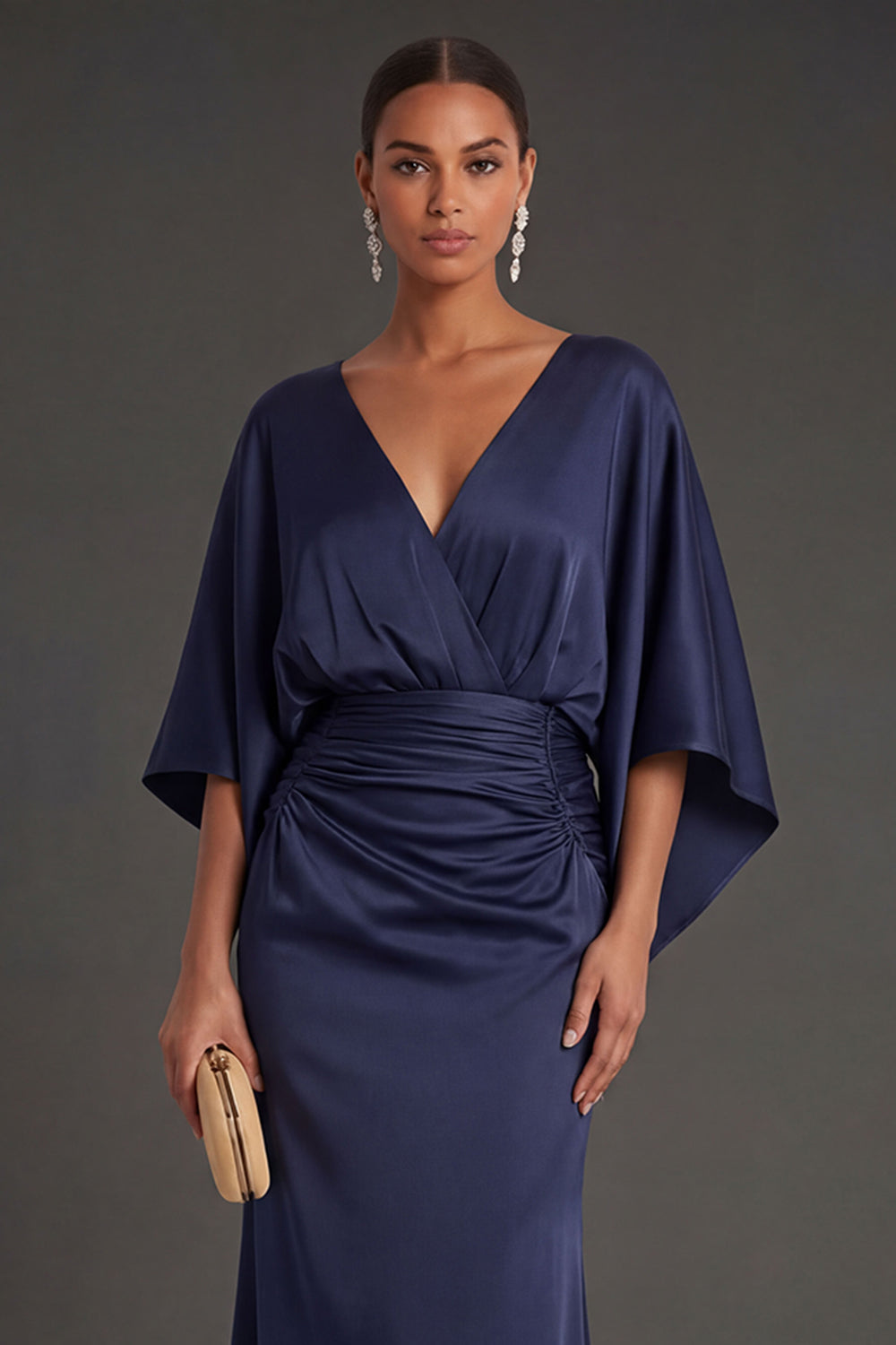 Navy Mermaid V Neck Flutter Sleeves Long Formal Dress