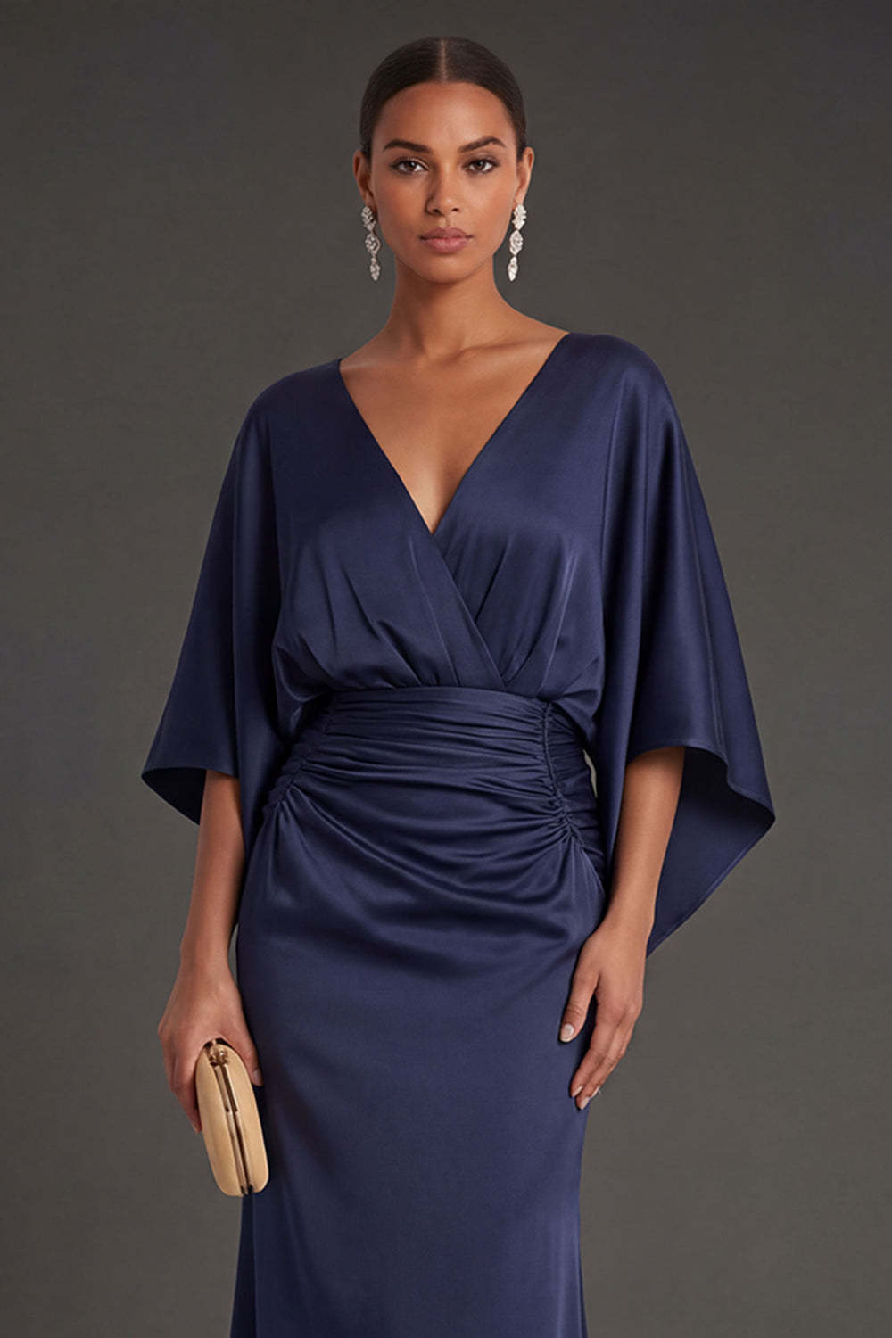 Navy Mermaid V Neck Flutter Sleeves Long Formal Dress