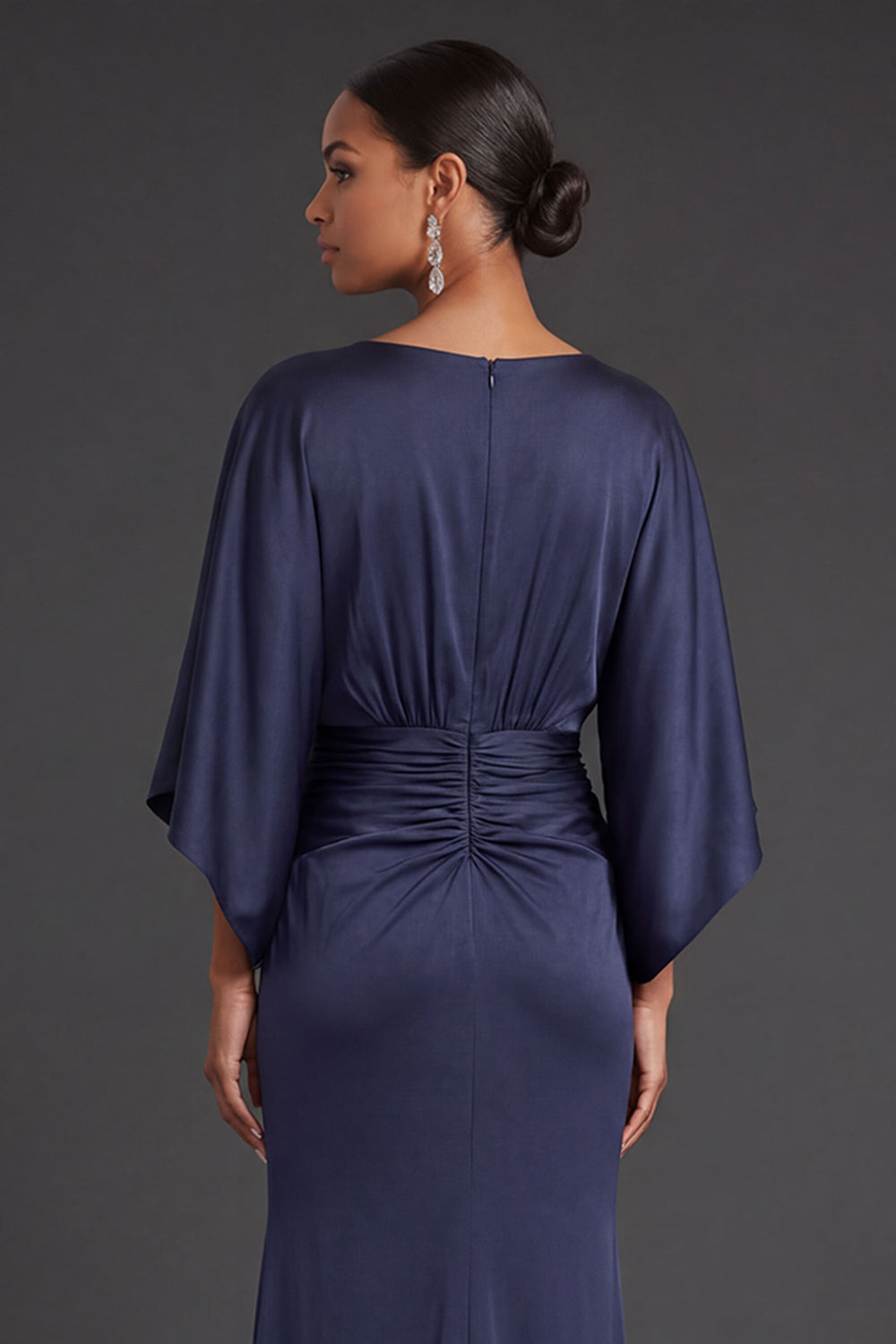 Navy Mermaid V Neck Flutter Sleeves Long Formal Dress