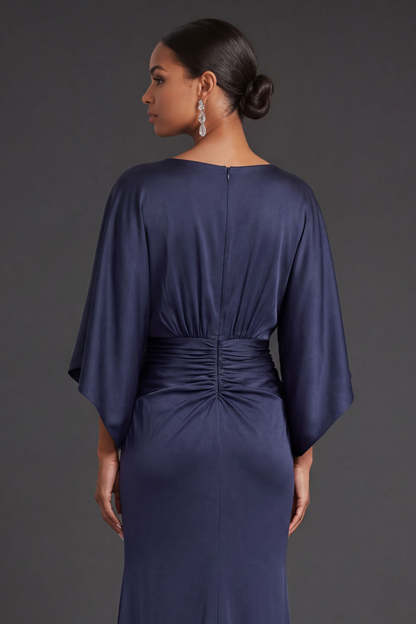 Navy Mermaid V Neck Flutter Sleeves Long Formal Dress