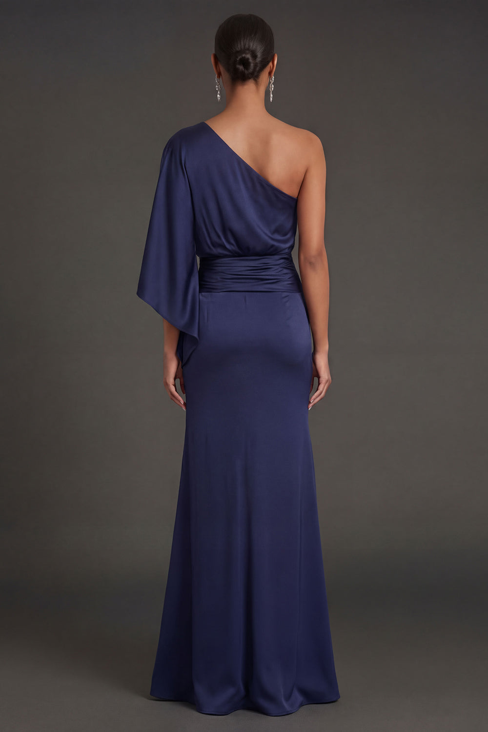 Navy Mermaid Ruched One Shoulder Long Formal Dress