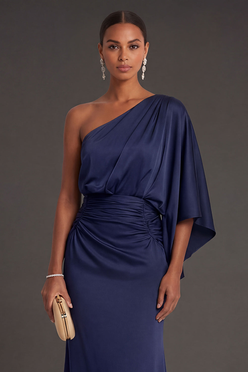 Navy Mermaid Ruched One Shoulder Long Formal Dress