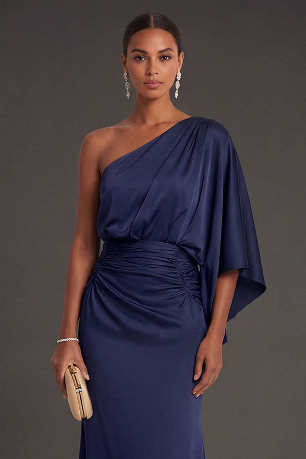 Navy Mermaid Ruched One Shoulder Long Formal Dress