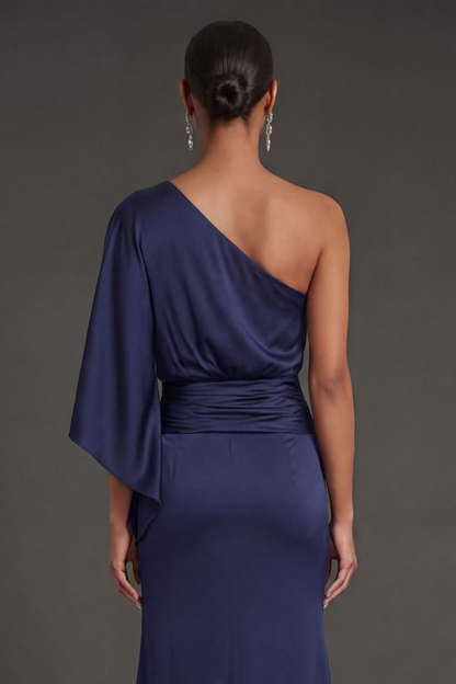Navy Mermaid Ruched One Shoulder Long Formal Dress