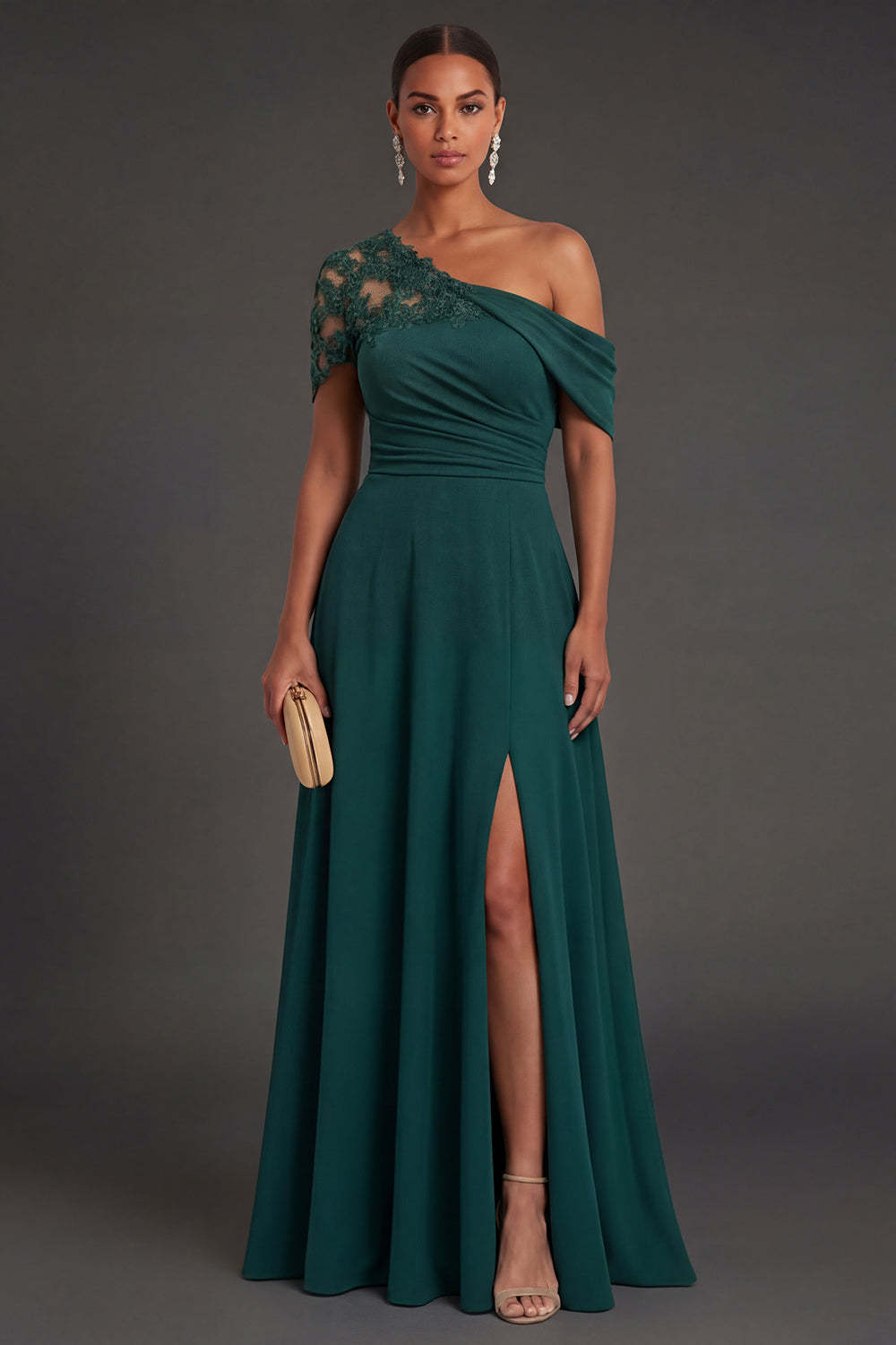 Leely Women Dark Green One Shoulder A Line Long Formal Dress with Slit Ruched Sleeveless Backless Wedding Guest Dress
