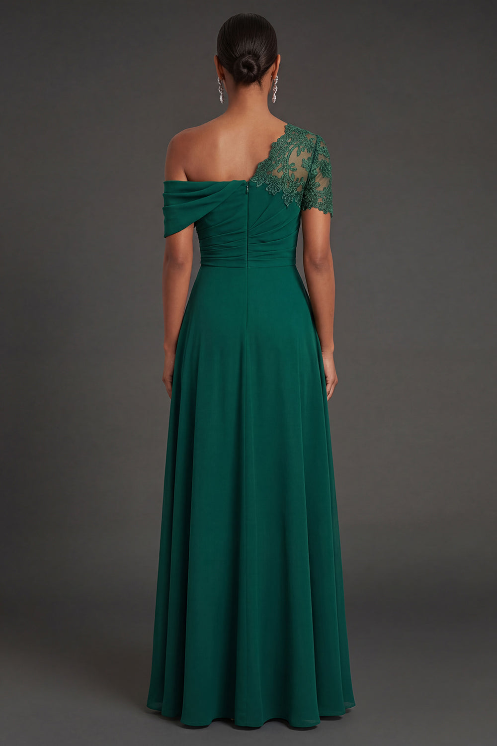 Dark Green One Shoulder A Line Ruched Long Formal Dress with Slit