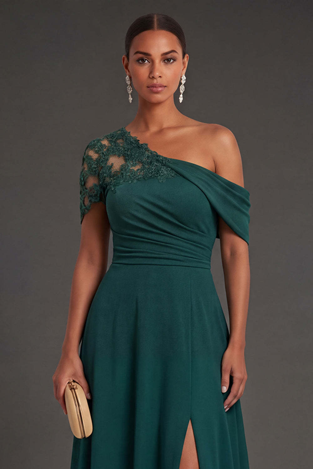 Dark Green One Shoulder A Line Ruched Long Formal Dress with Slit