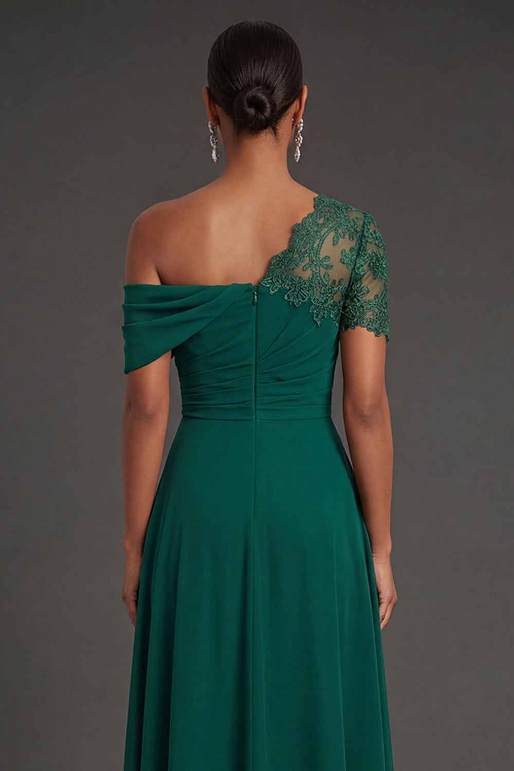 Dark Green One Shoulder A Line Ruched Long Formal Dress with Slit