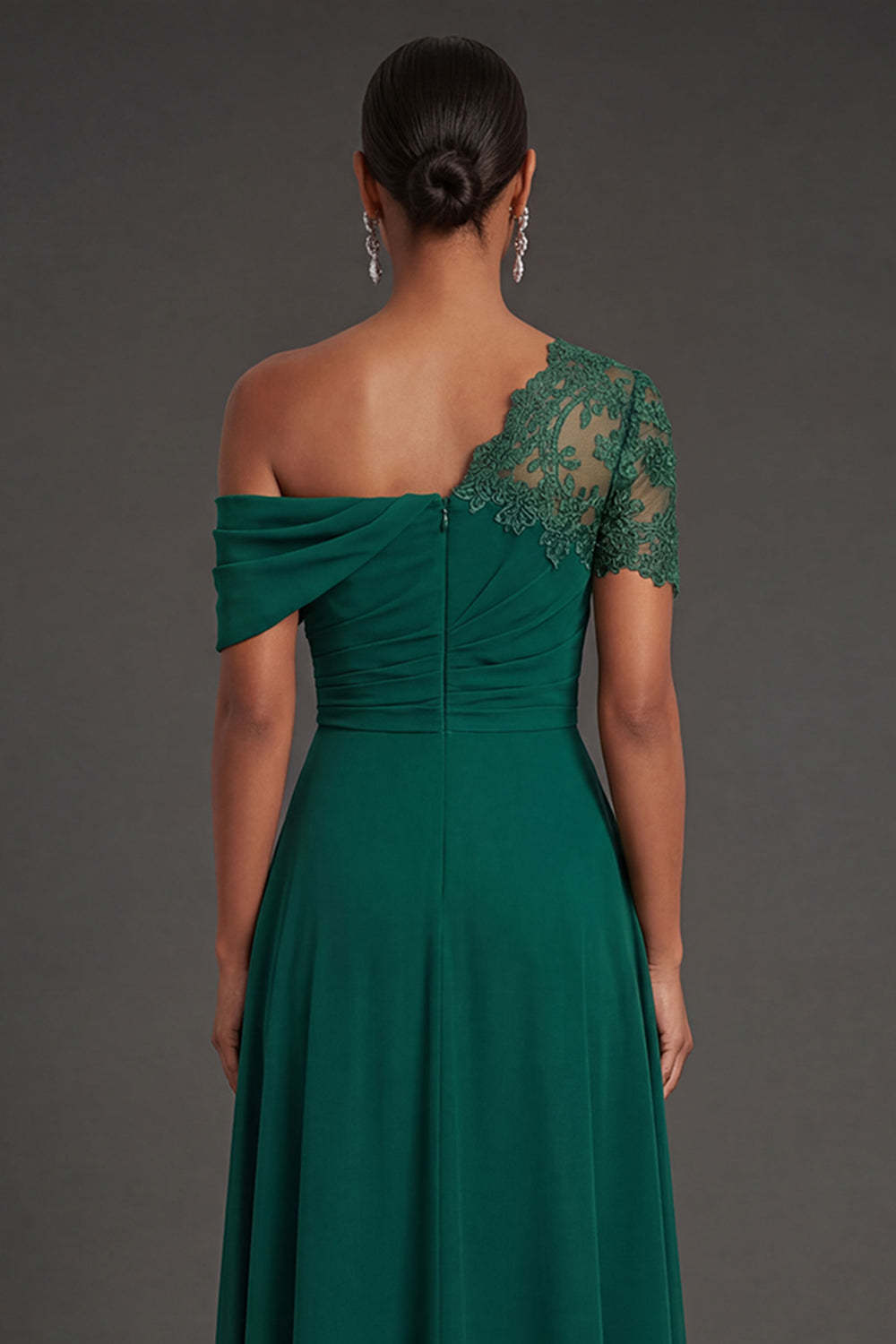 Dark Green One Shoulder A Line Ruched Long Formal Dress with Slit
