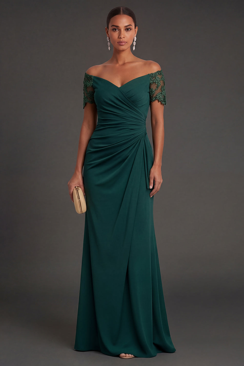 Leely Women Dark Green Mermaid Ruched Long Formal Dress Off the Shoulder Sleeveless Backless Wedding Guest Dress