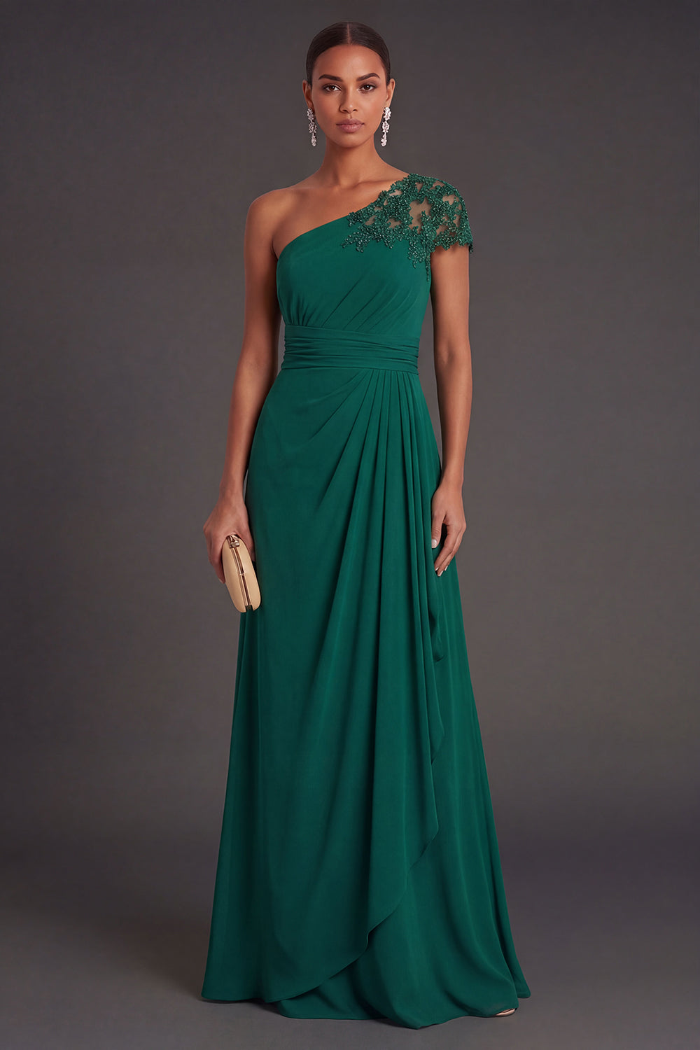 Leely Women Dark Green Sheath Ruffled Long Formal Dress One Shoulder Ruched Sleeveless Wedding Guest Dress
