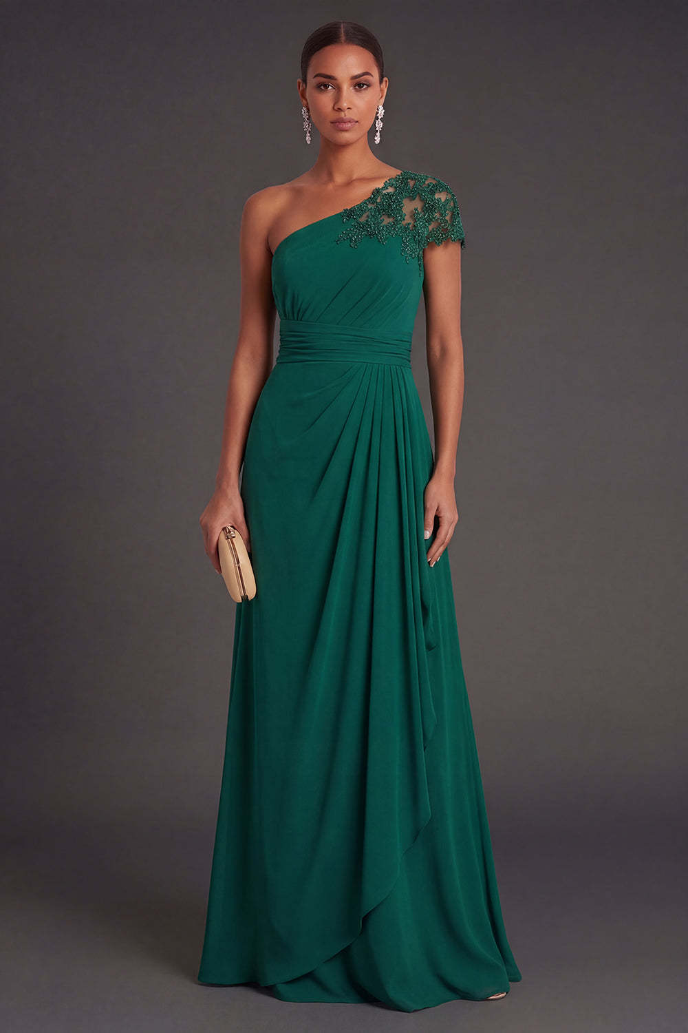 Leely Women Dark Green Sheath Ruffled Long Formal Dress One Shoulder Ruched Sleeveless Wedding Guest Dress