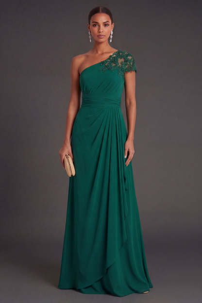 Leely Women Dark Green Sheath Ruffled Long Formal Dress One Shoulder Ruched Sleeveless Wedding Guest Dress