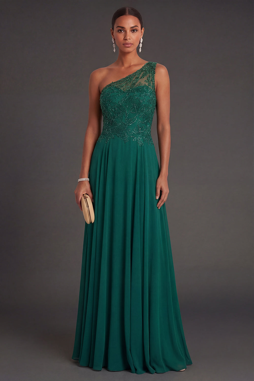 Sparky Beaded Dark Green Appliqued Sheath Long Formal Dress
