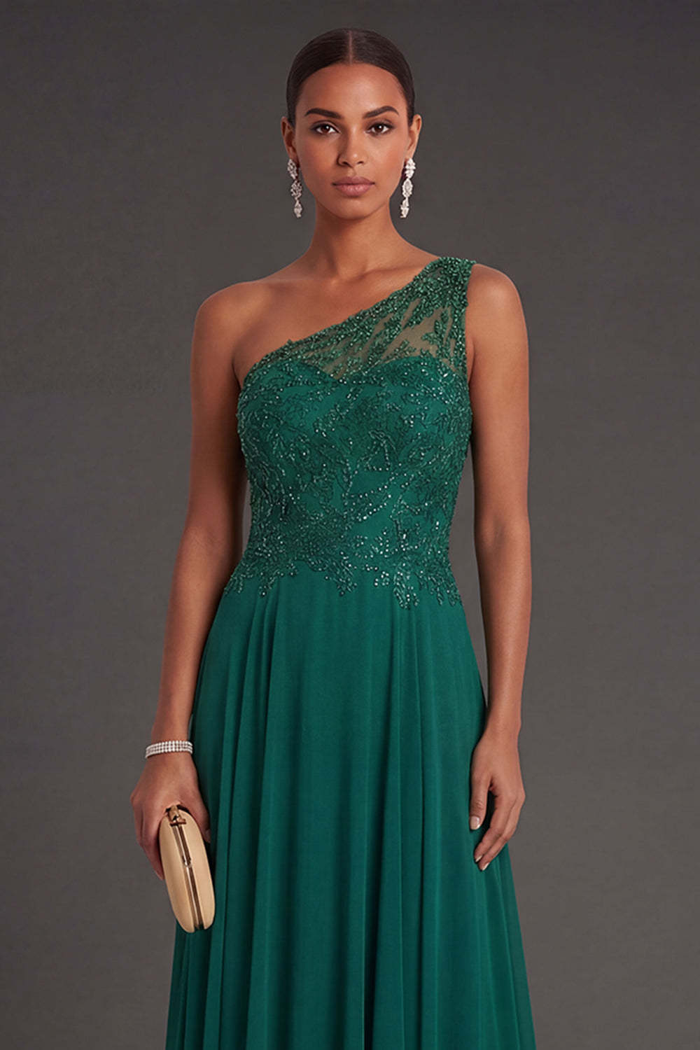 Sparky Beaded Dark Green Appliqued Sheath Long Formal Dress