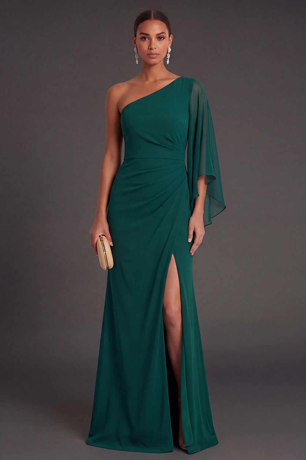 Leely Women Dark Green Sheath One Shoulder Long Formal Dress with Slit Ruched Backless Chiffon Wedding Guest Dress