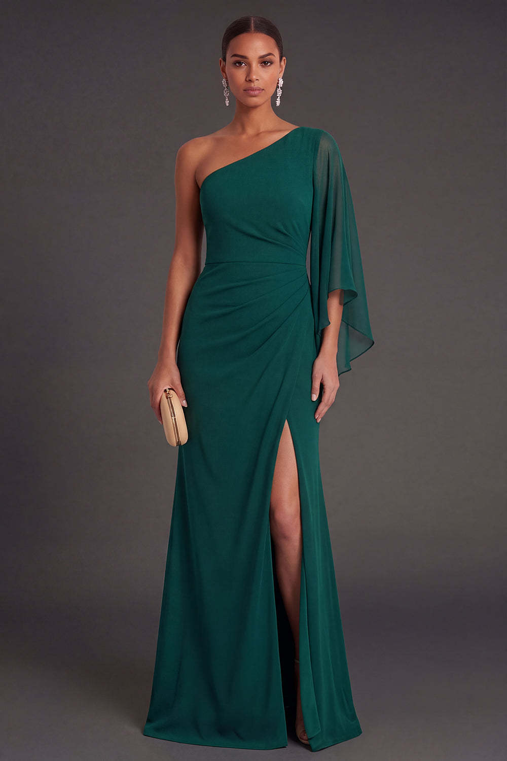 Leely Women Dark Green Sheath One Shoulder Long Formal Dress with Slit Ruched Backless Chiffon Wedding Guest Dress