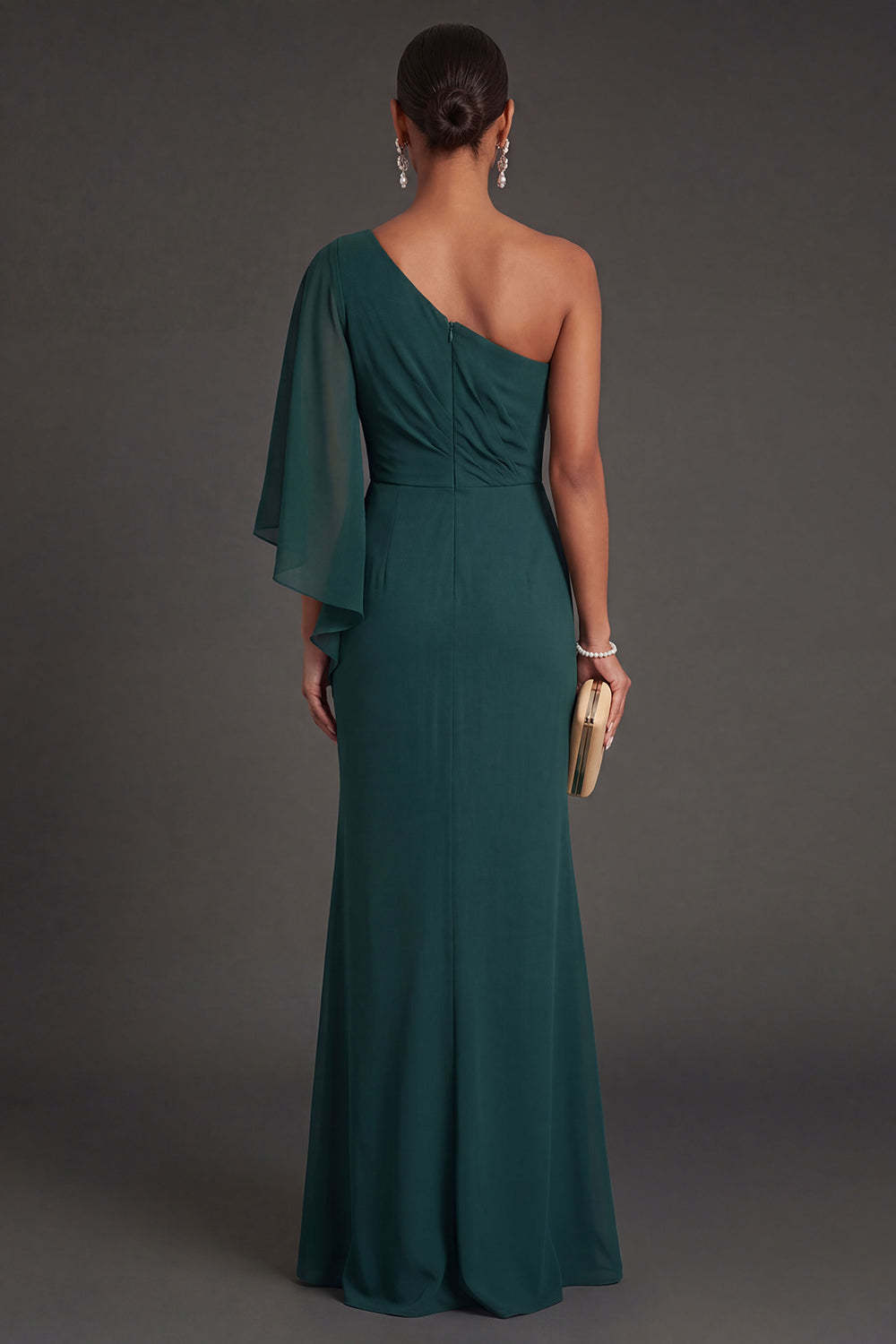 Dark Green Sheath One Shoulder Ruched Backless Long Formal Dress with Slit