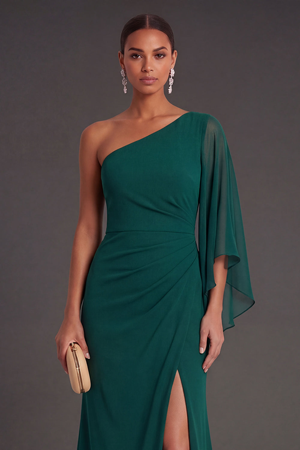 Dark Green Sheath One Shoulder Ruched Backless Long Formal Dress with Slit