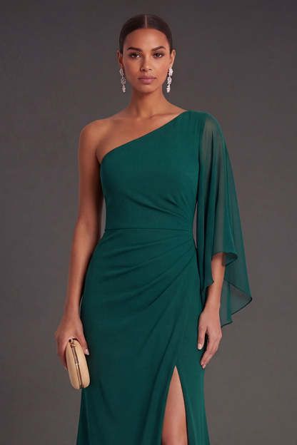 Dark Green Sheath One Shoulder Ruched Backless Long Formal Dress with Slit