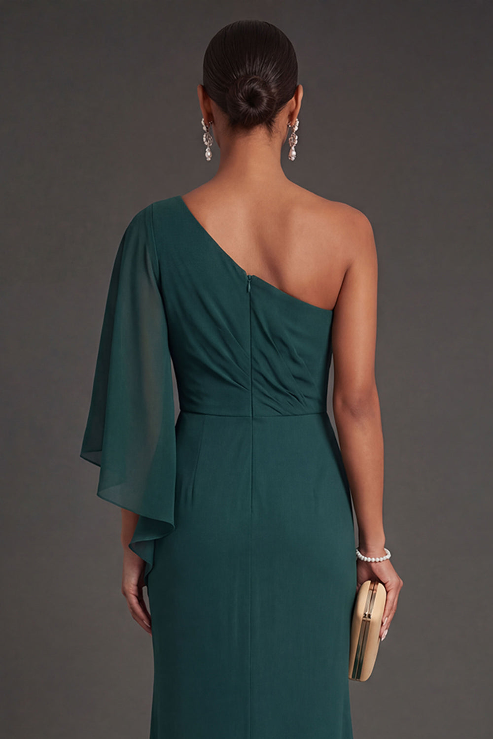 Dark Green Sheath One Shoulder Ruched Backless Long Formal Dress with Slit