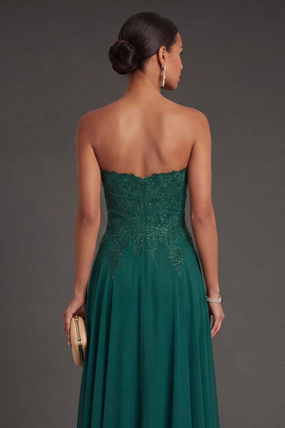 Sheath Dark Green Sweetheart Appliqued Backless Long Formal Dress