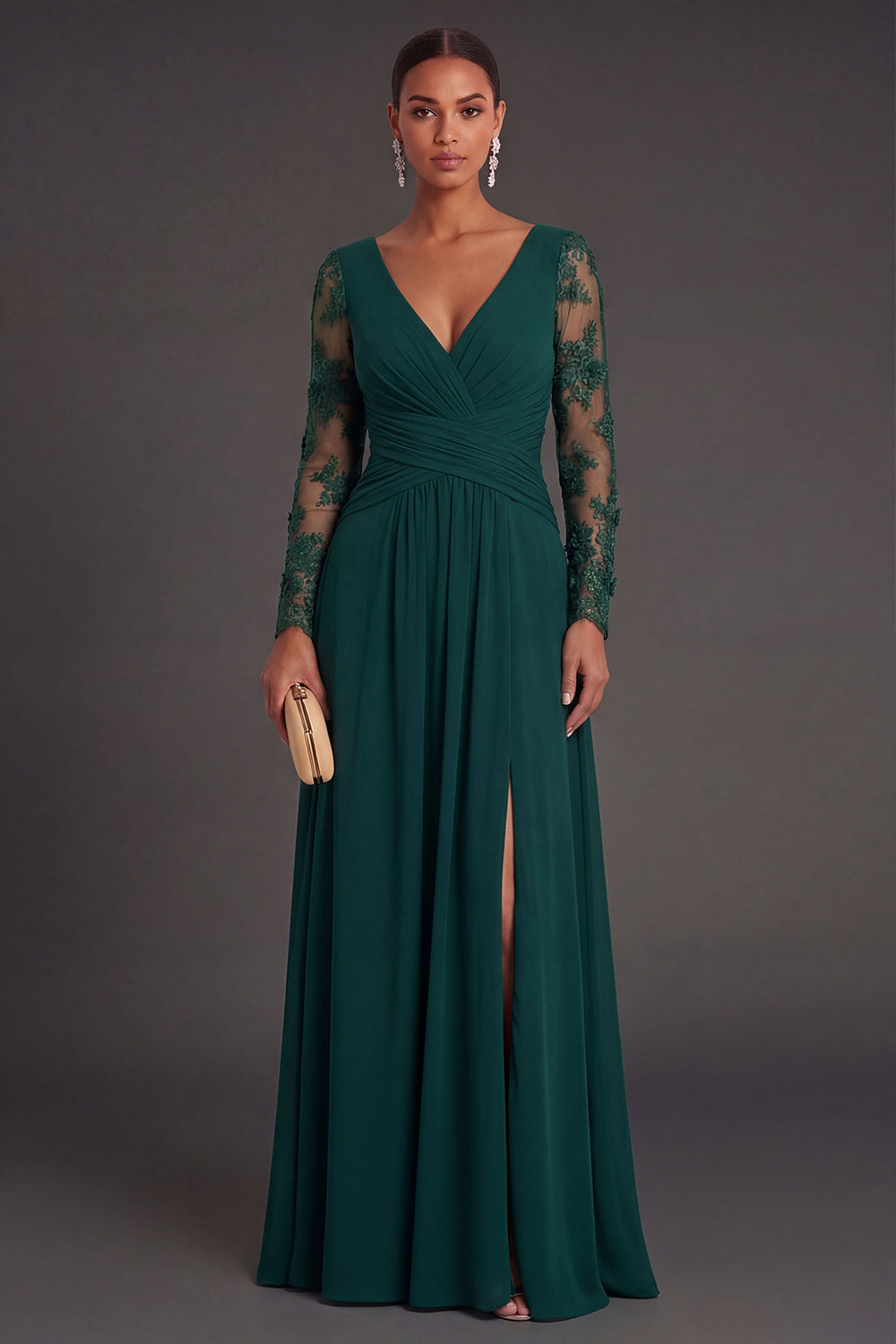 Leely Women Sheath Dark Green Long Formal Dress With Slit V Neck Appliqued Long Sleeves Wedding Guest Dress