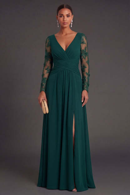 Leely Women Sheath Dark Green Long Formal Dress With Slit V Neck Appliqued Long Sleeves Wedding Guest Dress