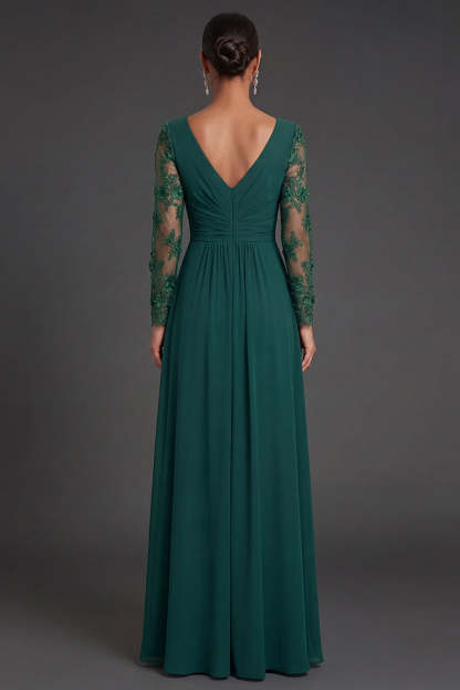 Sheath Dark Green V Neck Appliqued Long Formal Dress With Slit
