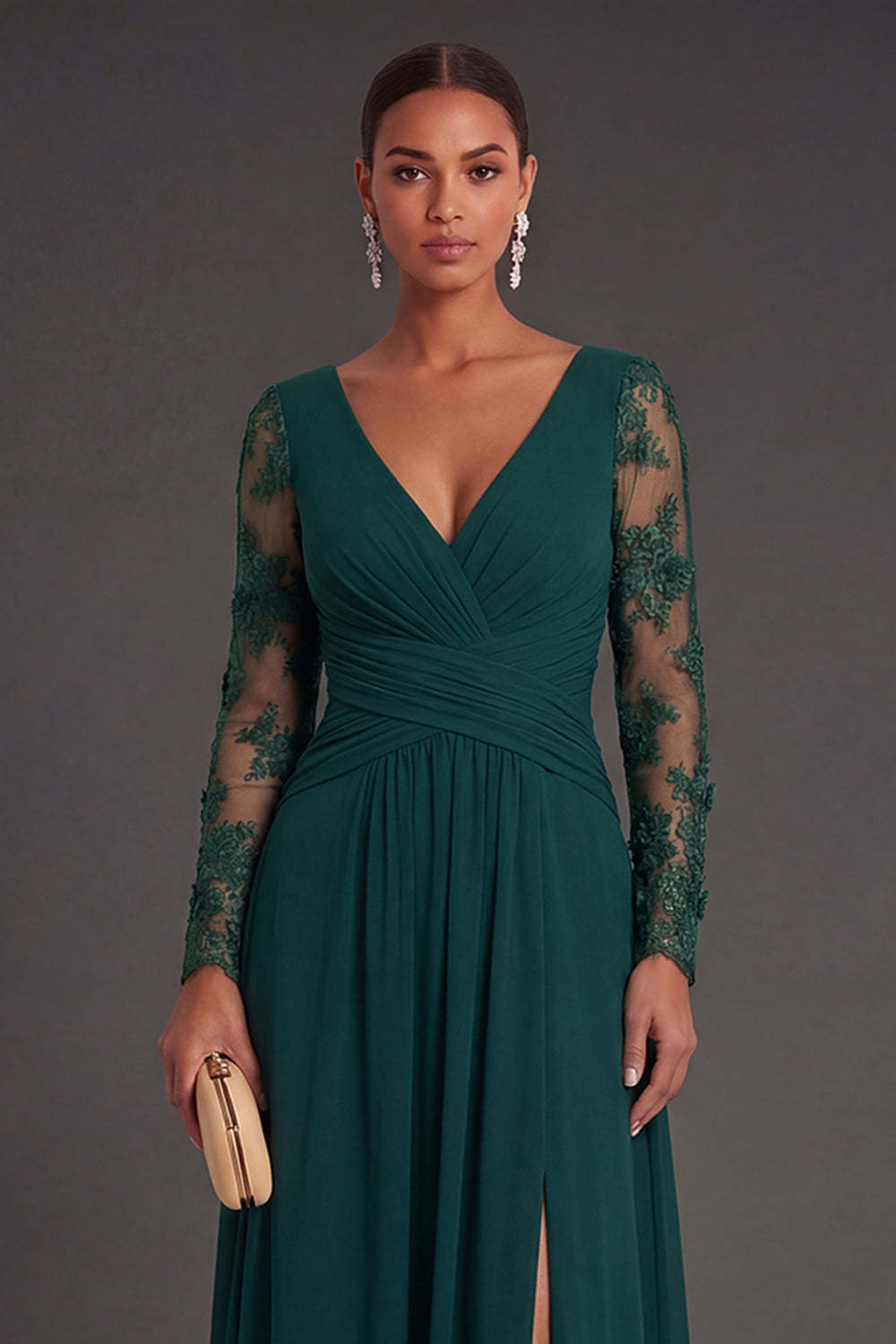 Sheath Dark Green V Neck Appliqued Long Formal Dress With Slit