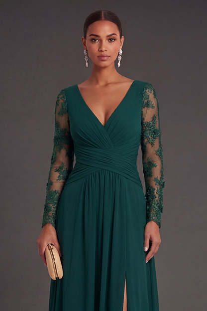 Sheath Dark Green V Neck Appliqued Long Formal Dress With Slit